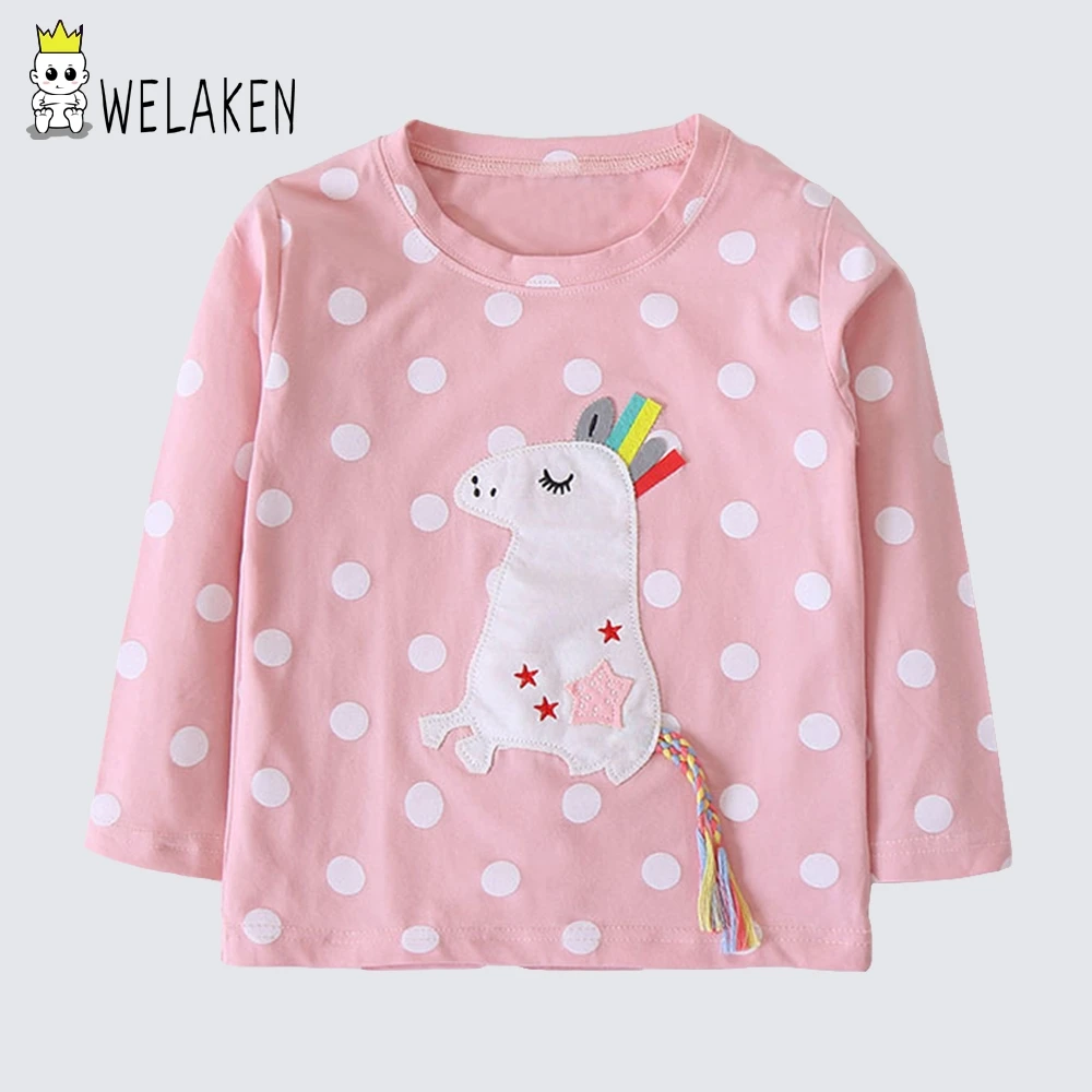 

weLaken 2019 New Fashion Long Sleeve Tops Cartoon Unicorn T Shirts Toddler Children's Polka Dot T Shirts Baby Girls Clothing