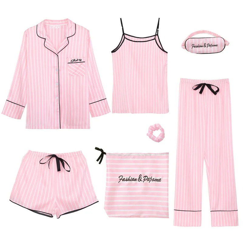 

Striped Summer 7 Pieces Pajamas Sets Female Homewear Pyjama Long Sleeve Pijama Spaghetti Strap Silk Satin with Pants Women