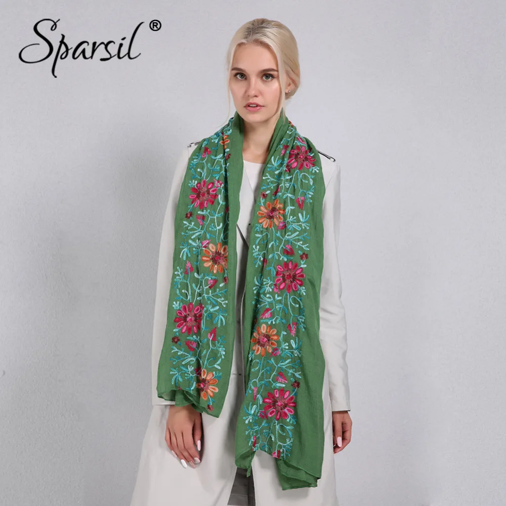 

Sparsil Women Cotton Linen Blend Scarves Floral Embroidery Shawl Summer Winter Flowers Pashmina Hijab Muslim Wraps Female Scarf