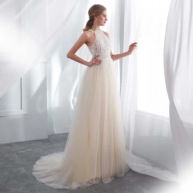 Boho Evening Dresses 2019 Romantic Beading Bride Dress Country Gowns Lace Tulle Beach Robe De Mariage Cheap 