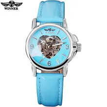 2016 WINNER marca moda casual relojes señora de las mujeres del corazón cielo azul correa de cuero mecánico automático esquelético relojes de pulsera banda