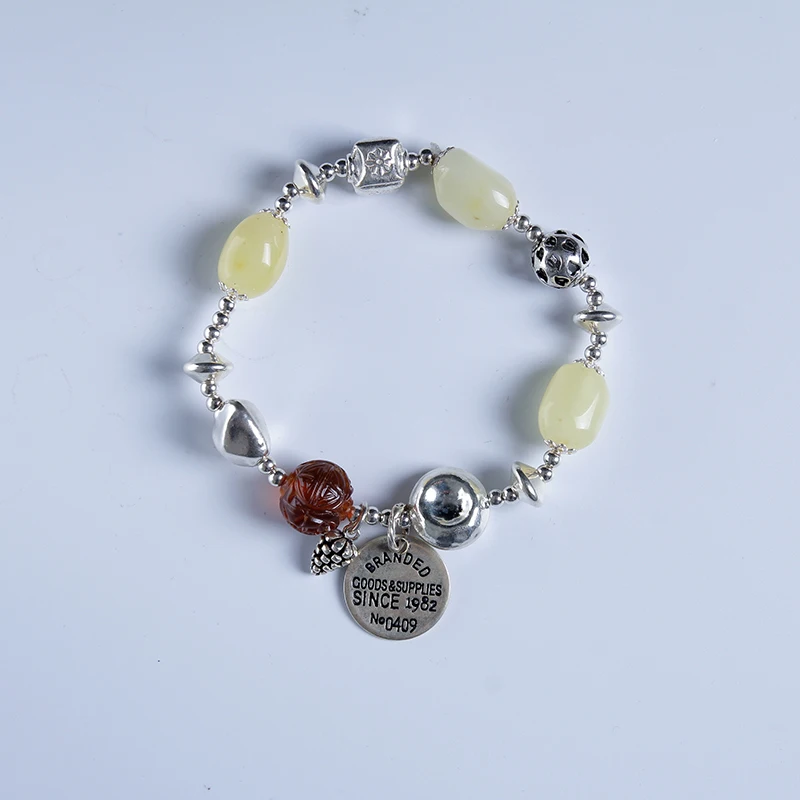 

100% Natural amber beeswax multi-treasure hand string bracelet 999 sterling silver drop pendant lady genuine noble grade special