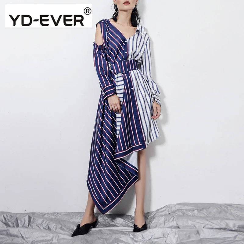 

High-end Custom Striped Dress Women Patchwork V Neck Hollow Out Belt High Waist Asymmetrical Midi Dresses Spring Summer OL 2019