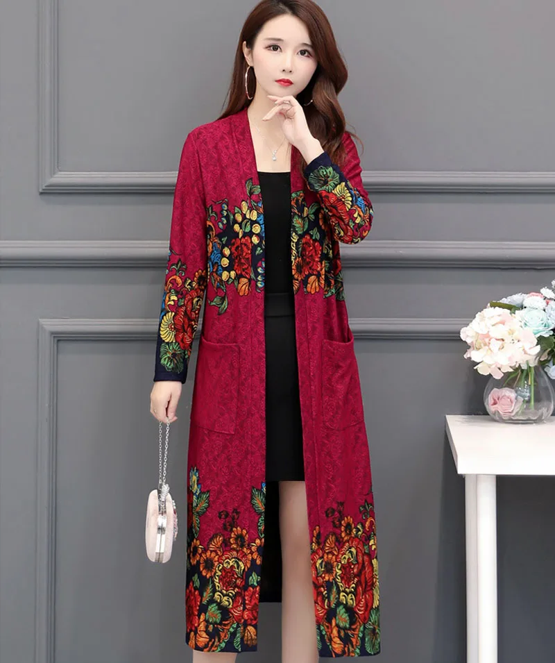 Rose red OHRYIYIE размера плюс 5XL Цветочный Принт женский кардиган свитер весна осень винтажный вязаный свитер женское плотное пальто XL-5XL - Цвет: Rose red
