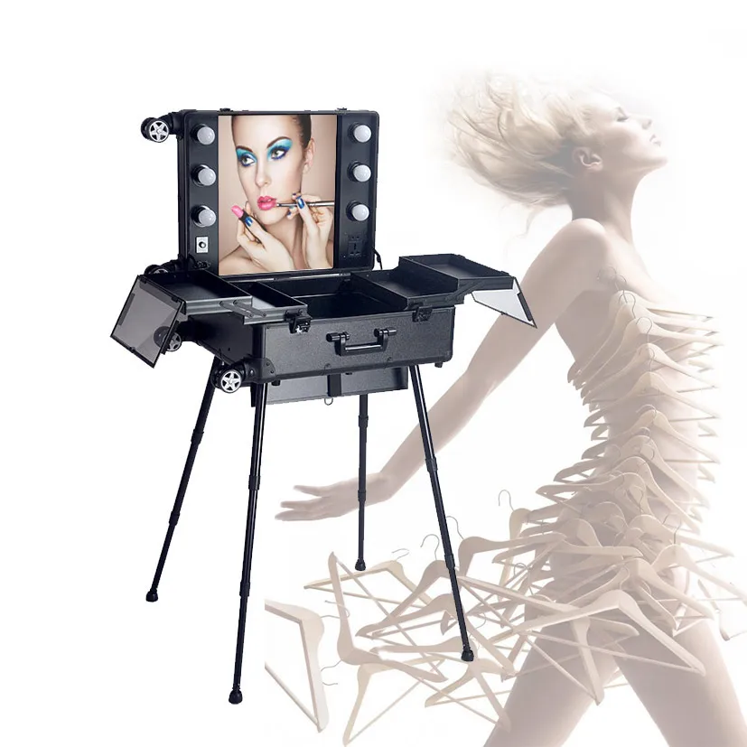 Черная станция для макияжа с огнями, косметический чехол для тележки с освещенным зеркалом и ножками
