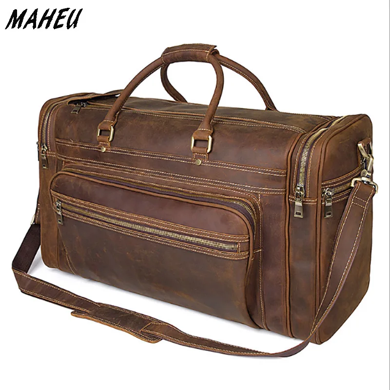 Crazy Horse Genuine Leather Big Travel Bag for Men Multi Pocket Hand