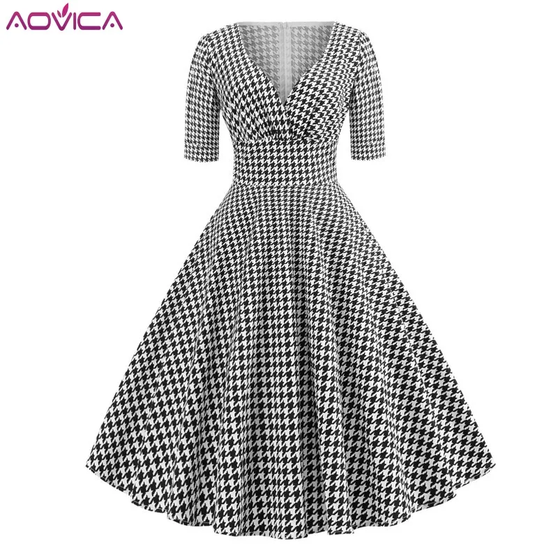 Aovica Houndstooth Винтаж 50 s с рукавом до локтя миди платья Pin Up Hepburn стиль Vestido Женские V образным вырезом сексуальные вечерние Ретро летнее платье