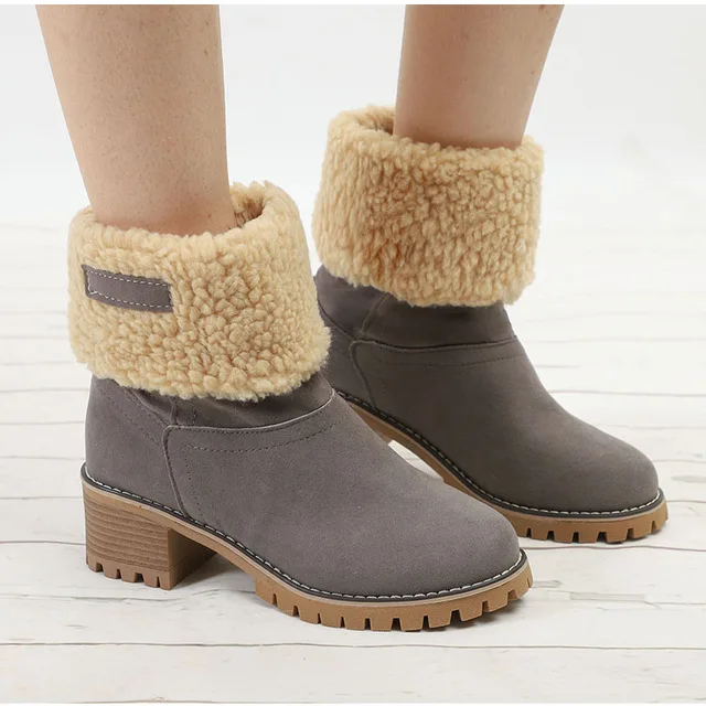 Женские зимние ботинки; теплые зимние женские ботильоны на меху на высоком массивном каблуке; модная женская обувь из плюша размера плюс - Цвет: gray