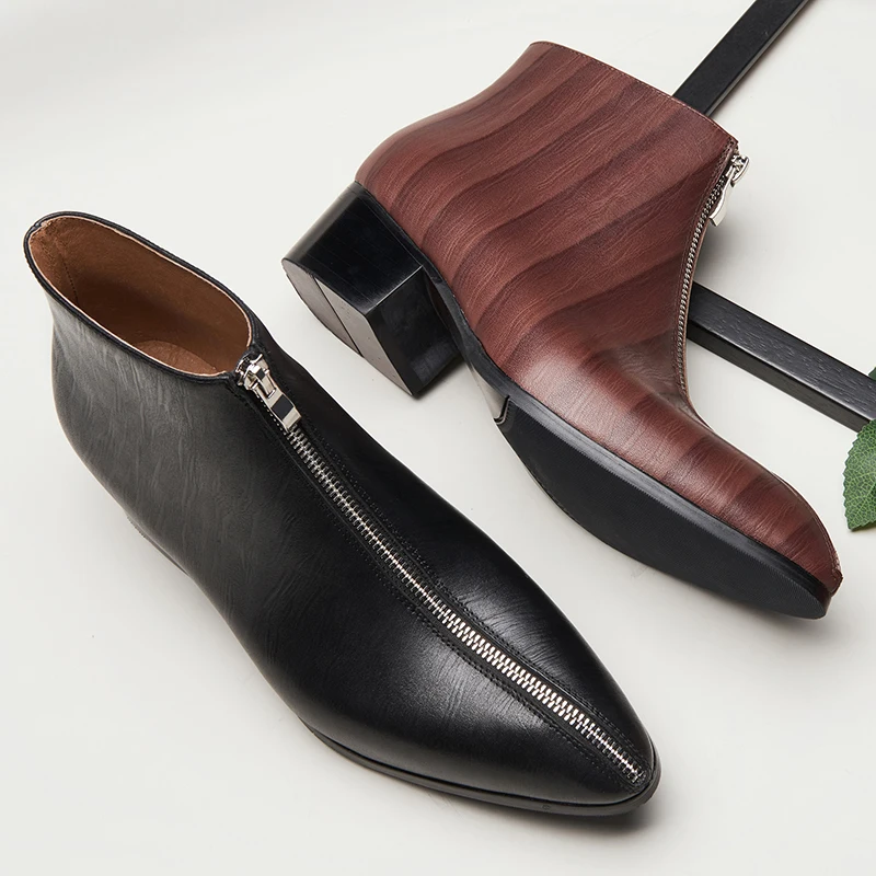 

Genuine Leather Chelsea Boots Men cow Leather Luxury Men pointed toe high heels Zipper Ankle Boots Winter Autumn wedding boots