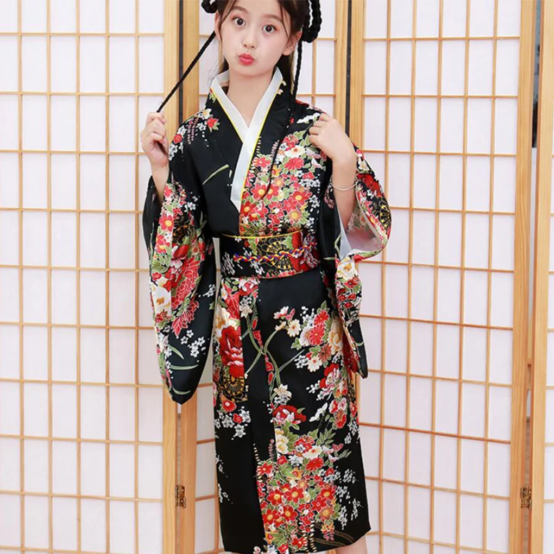 

Japanese Traditional Yukata Girls Flower Long Sleeve Kimono Gown Elegant Long Robe