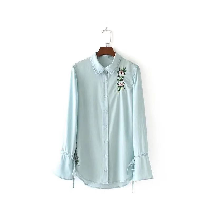 

Women Denim Shirt Blue Blouse Flare Sleeve Tied Open Fashion Tops Turn-down Collar Camisas