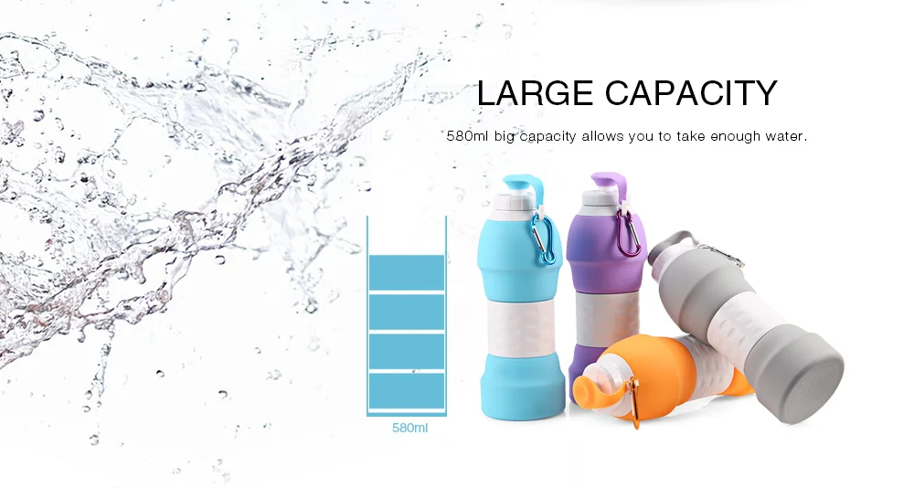 Platinum Silicone Foldable Portable Drinking Water Bottle 580ML Large Capacity