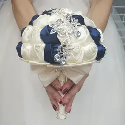 Ручной работы диаметр 18 см Свадебный букет невесты букеты темно-синий цвета слоновой кости атласная роза цветок невесты ручной работы