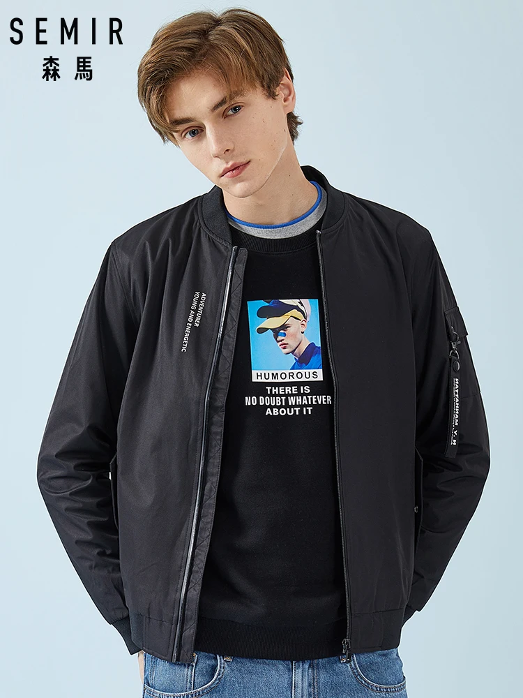 

SEMIR Men Baseball Jacket with Tab Sleeve Bomber Jacket Men's Full-Zip Jacket with Front Snap Pocket Male Stylish Streetwear