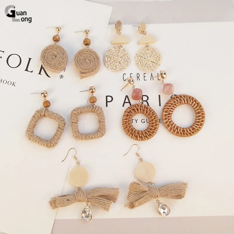 

GUANLONG Classic Handmade Wooden Straw Weave Rattan Braid Earrings for Women 2018 New Long Drop Earrings Fashion Dangle Brincos