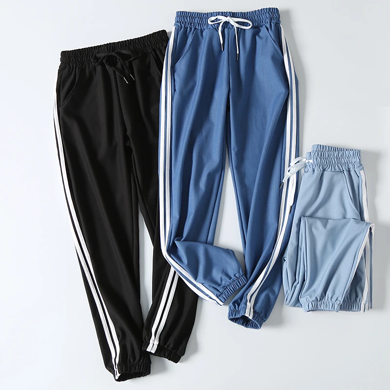 

2019 summer new drawstring elastic waist loose thin and thin white strips beam thin section Tencel denim sports nine pants