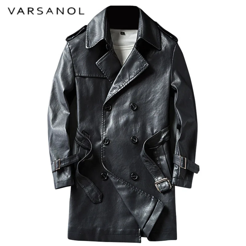 

Varsanol Smart Casual Pu Leather Trench Long Length Men's Fur Coat Full Sleeve Turn-down Collar Adjustable Waist Winter Outwears