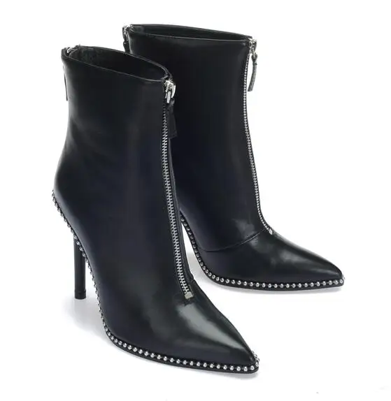 Goede Vrouw wees klinknagel korte laarzen zwart lederen stiletto hoge hak laarzen metalen ballen kralen dubbele rits hoge hak enkellaars