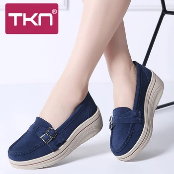 

2019 women spring flats shoes platform sneakers leather suede slip on shoes heel creepers chaussure femme moccasins woman 3039
