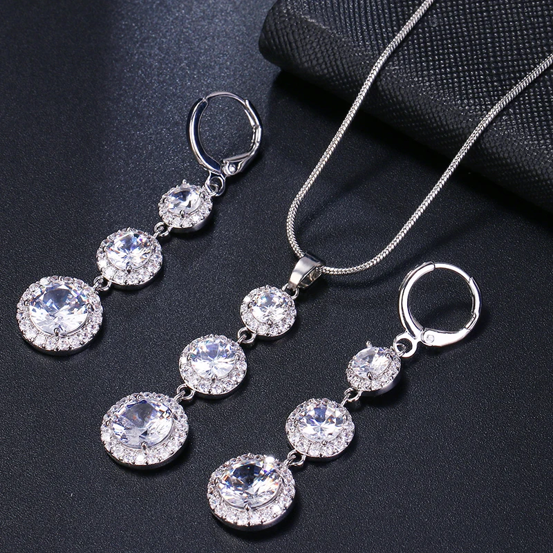 LXOEN Роскошные Длинные серьги и ожерелье кристалл Дубай ювелирные наборы для женщин с Круглый ААА Циркон Модный свадебный набор подарок