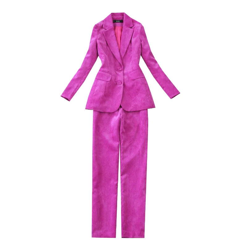 

Large size women's 19 autumn and winter long slim velvet new suit + straight trousers rose purple blazer suit blue 2 pieces set
