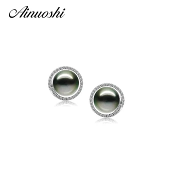 

925 Sterling Silver Round Shaped Studs Earrings Natural South Sea Black Tahiti Pearl 9-9.5mm Round Pearl Studs Earrings