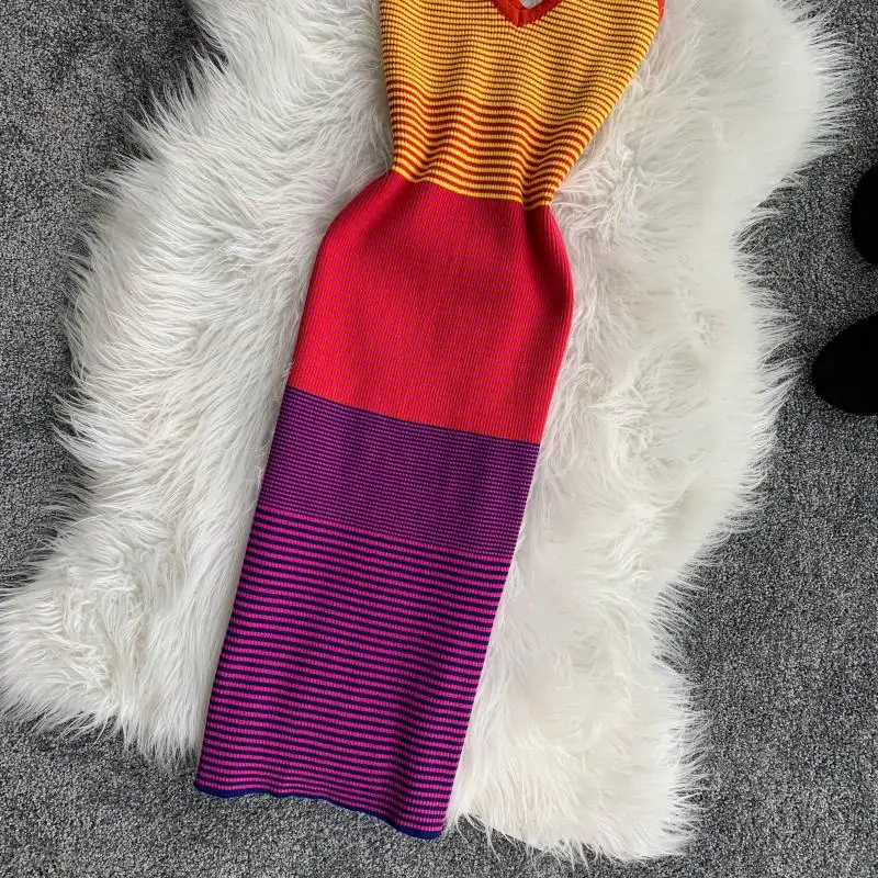 Rainbow Striped Colorful V-collar Sleeveless Knit Dress