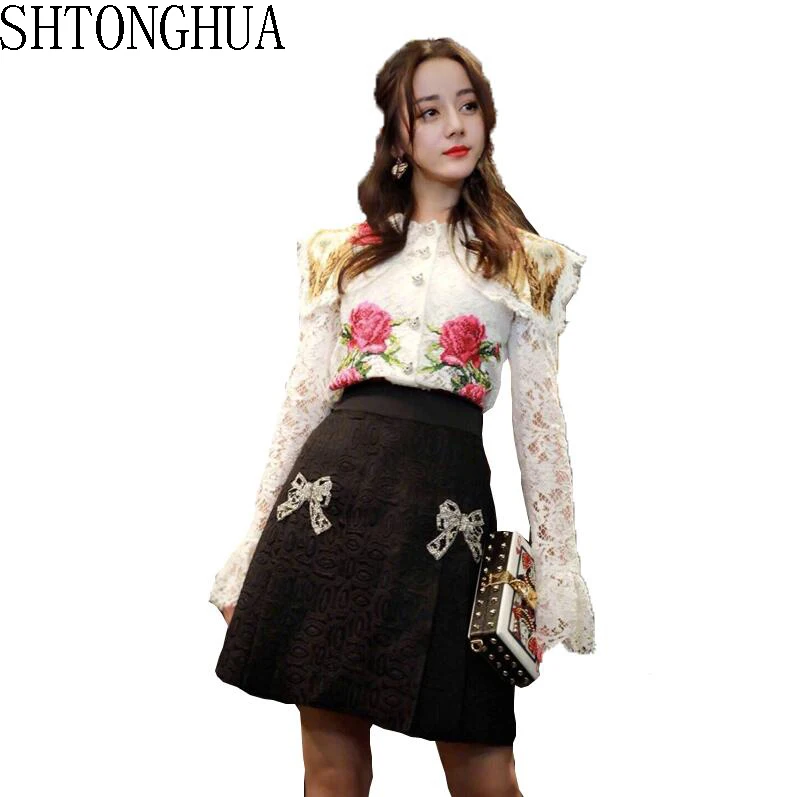 

Runway New Luxury Handmade Vintage Floral Embroidery Lace Blouse Skirt Suit Women Blouses Tops Shirt+ Sequins Skirts Suits