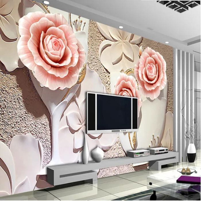 

Wholesale 3d Jade carving mural for living room flower rose mural wallpaper TV backdrop 3d wall photo murals papel de parede