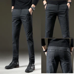Image 2 - Мужские повседневные эластичные длинные брюки jantour, серые рабочие брюки из хлопка в клетку на осень и зиму, большие размеры 28 38