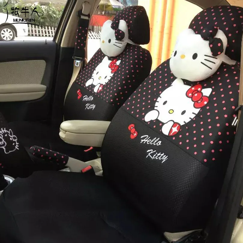 

Cute Polka Dots Print Car Seat Covers for Women Girls Car Styling Cartoon Hello Kitty Universal Seat Cover Accessories - Black