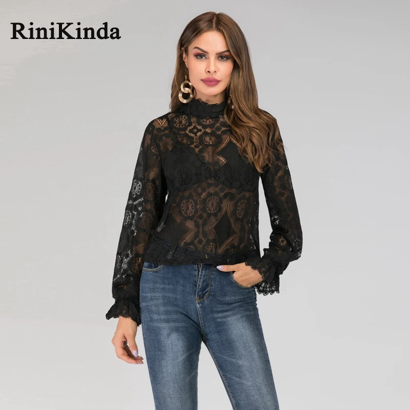 

RINIKINDA Fashion Ladies Tshirts Women High Neck Long Sleeve Lace Hollow Out Slim Plain T Shirt Feminina Spring Party Tops