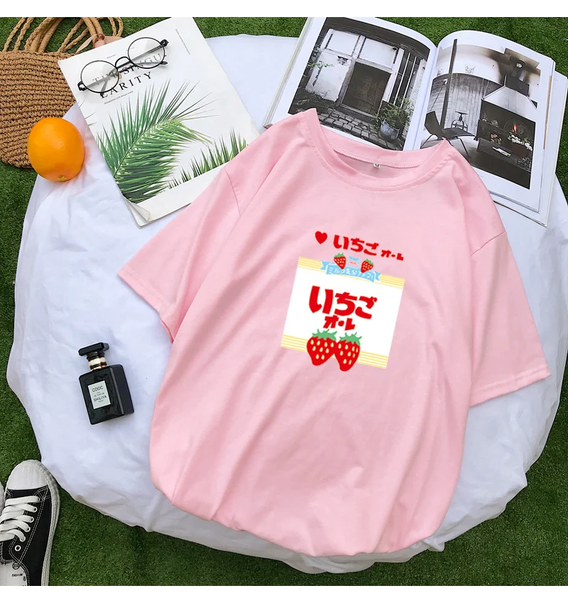 Summer Women Short Sleeve T Shirt Casual Kawaii Funny Strawberry Printed O-Neck Tshirt Female Loose Harajuku streetwear Tee Tops (12)