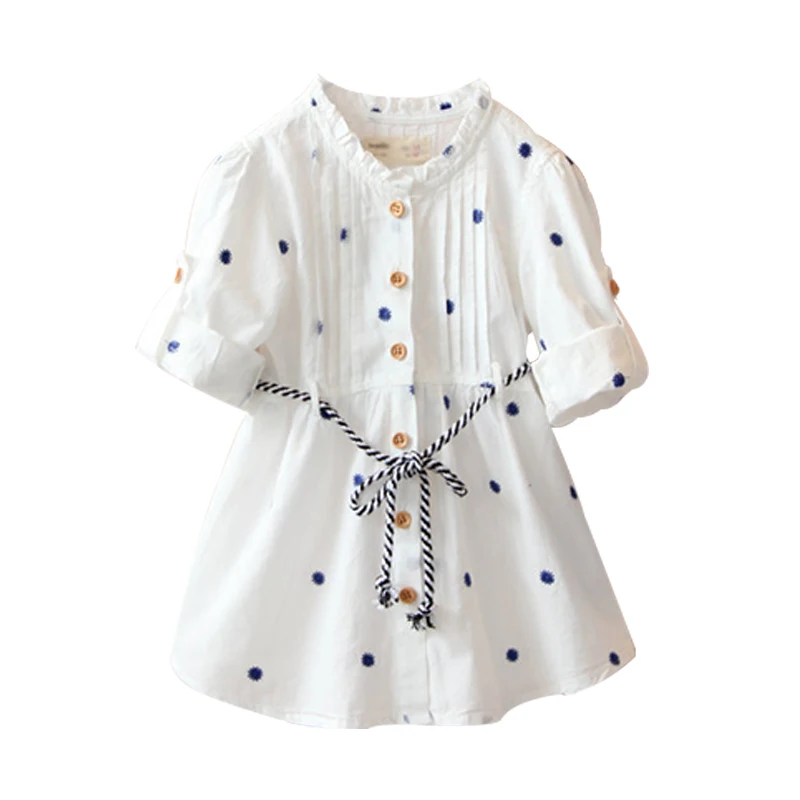Spring Autumn 3 4 5 6 8 10 Years Children Cotton Embroidery Print Baby Kids Girls Long Short Sleeve White Dress With Belt