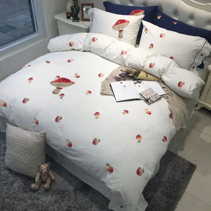 White And Blue Cartoon Mushrooms Cotton 4PCS Bedding Set Duvet Cover