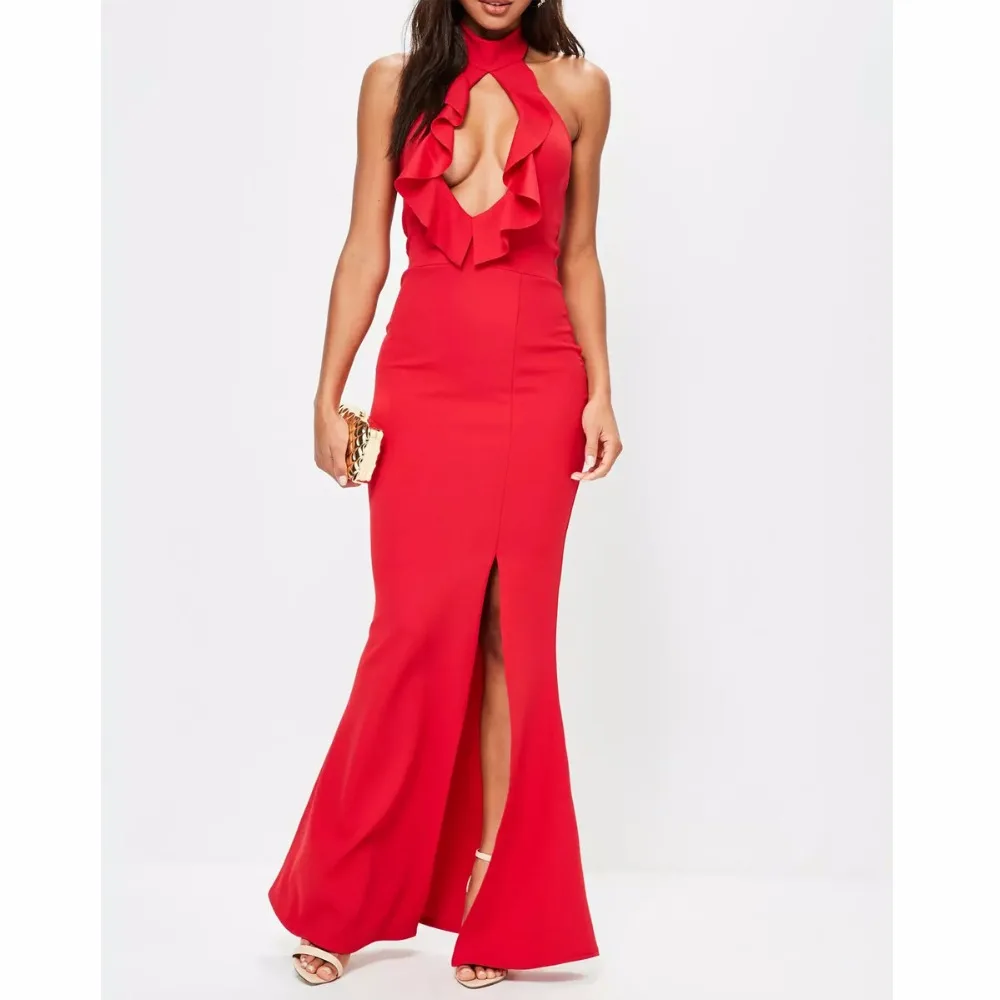 Open Bust Ruffles Split Dresses 2019 Spring Sexy Halter Backless Women