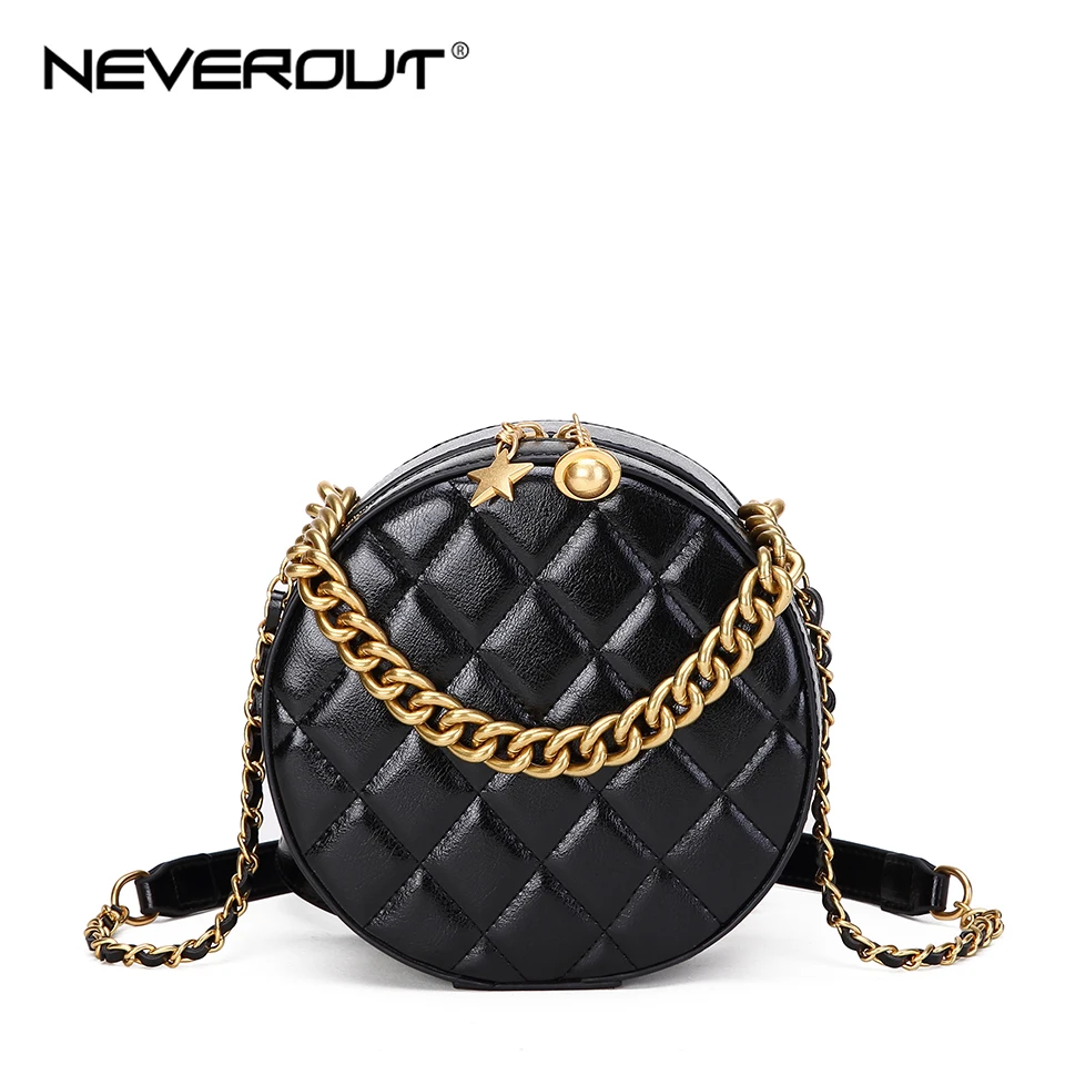 

NEVEROUT Chain Circle Shoulder Bag for Women Leather Crossbody Bag with Handle Quilted Style Elegant Ladies Messenger Handbags