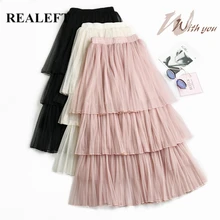 REALEFT женские Новое поступление элегантные длинные юбки весна лето Высокая Талия Тюль до середины икры торт плиссированные юбки для женщин s
