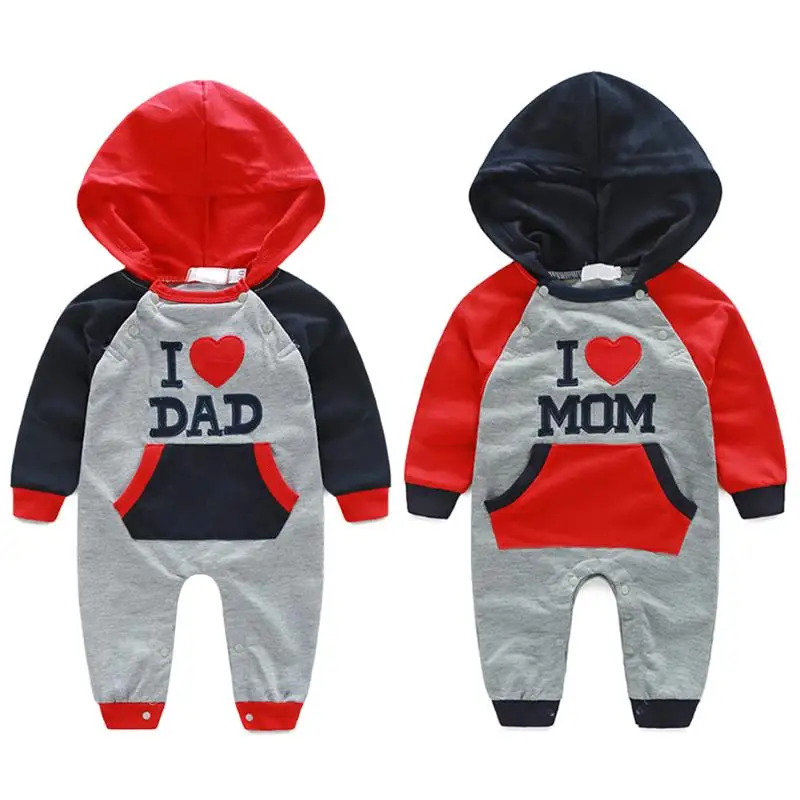 

Infant Baby Clothes I Love Dad Mom Baby Autumn Rompers Hooded Embroidery Long Sleeve Children Kid Jumpsuit Clothing Suit