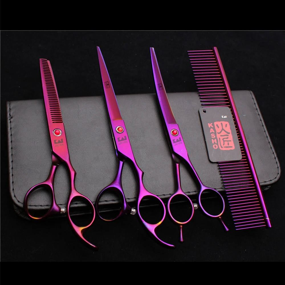 

7" Stainless Kasho Purple Dogs Clippers Grooming Set Comb Cutting Scissors Thinning Shears Up Curved Scissors Pets Shears H3002