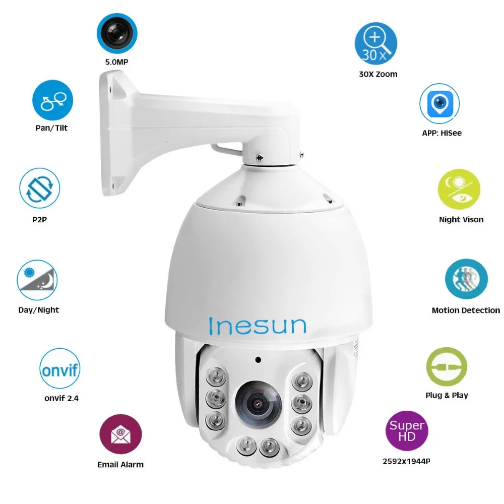 Inesun H.265 Открытый PTZ IP Security Камера 7 дюймов 5MP Super HD 2592x1944 30X Оптический зум высокое Скорость купол ИК ночного видения 400ft