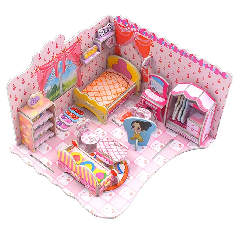 3D DIY Bedroom Doll House Paper Puzzle Toys Pink Sweet Jigsaw Children