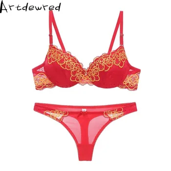 Hot Sexy Women Brassiere Embroidered Underwear Push Up Lace Bra Thong Sets – Red, 85C