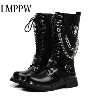 

Fashion Mens Motorcycle Boots Lace Up Mens Shoes High Military Combat Boots PU Leather Winter High Top Men Shoes Plus Size 2.5