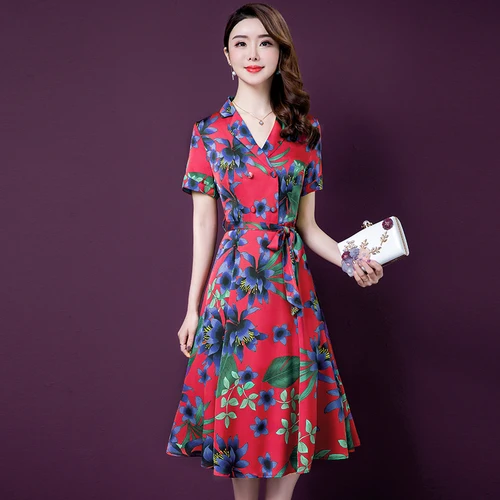 

2019 Spring Summer Fashion Short Sleeve Silk Women Dress New Style Big Code Exquisite Printed Elegant Temperament Female Dresses