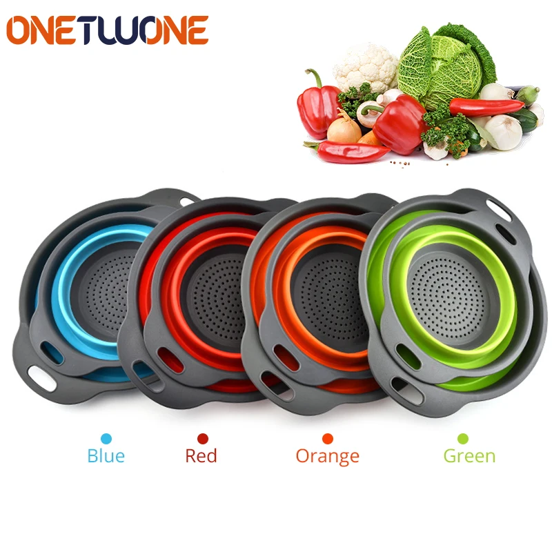 

2PCS Foldable Silicone Colander Fruit Vegetable Washing Drain Strainer Basket High Quality Silicone Colander Kitchen Tools