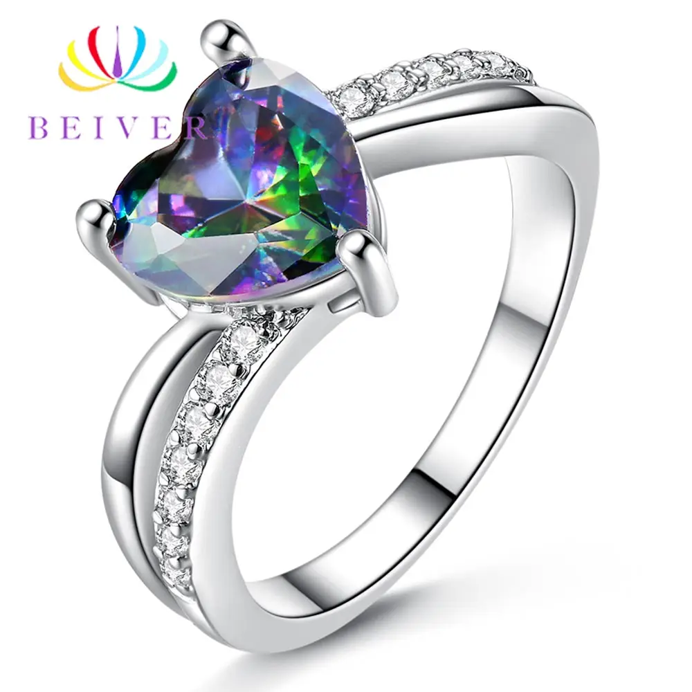 

Beiver 2019 New Arrival White Gold Color Rainbow AAA+ Cubic Zirconia Promise Wedding Bands Heart Rings for Women Party Jewelry