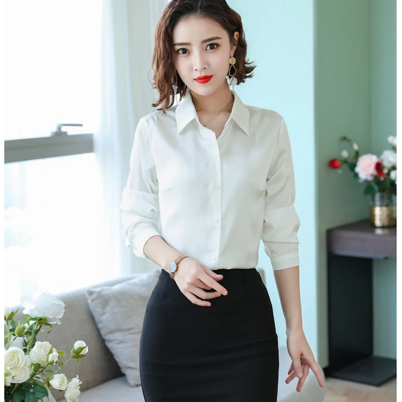  Stinlicher 2019 New Women Office work shirts female OL elegant high quality silk satin long sleeve 