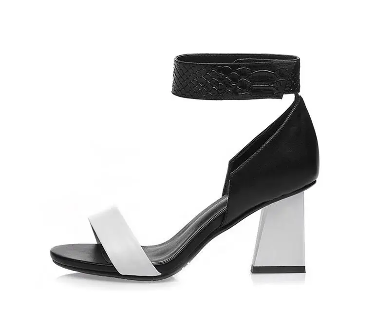 

Leather Womens Sandals Summer Unique 7 cm Open Toe Heels Sandals Summer Ankle-wrap Genuine Leather White Black female sandal