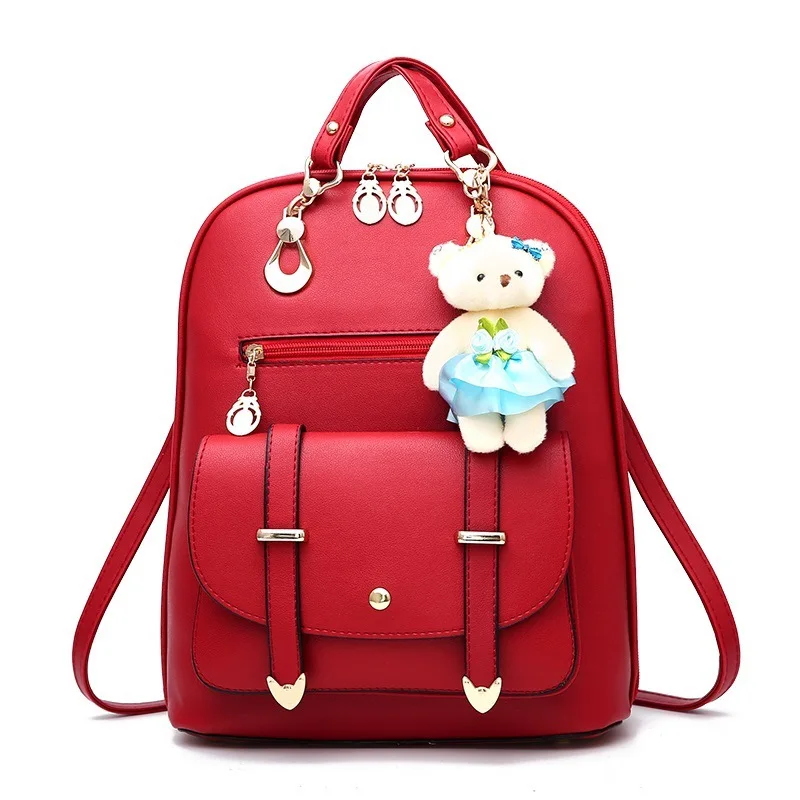 DIOMO, женский рюкзак, элегантный, модный, Повседневный, милый, для девочки, школьная сумка, высокое качество, из искусственной кожи, подвеска в виде медведя, много цветов на выбор - Цвет: Красный